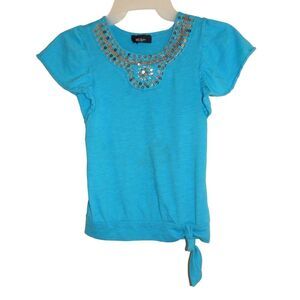 BCX GIRL girls small solid blue sequin faux tie butterfly sleeve blouse